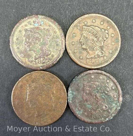 (4) Braided Hair Large Cent Coins, 1832, (2)1851 and 1856 image