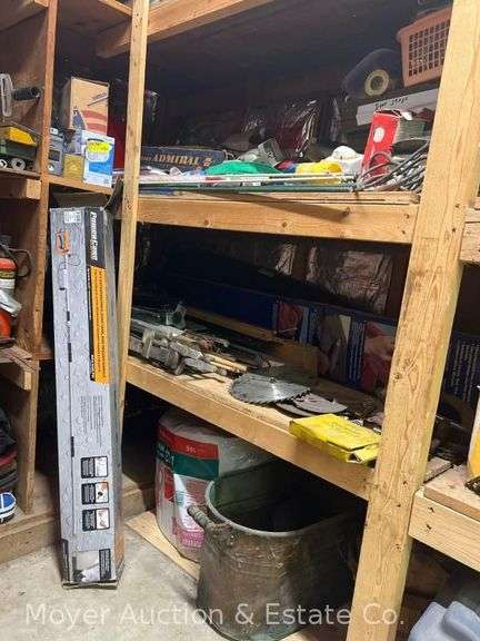 Contents of Garage Shelves, Bar Clamps, Hardware, Lights, Door Stops, Umbrellas, Etc. image