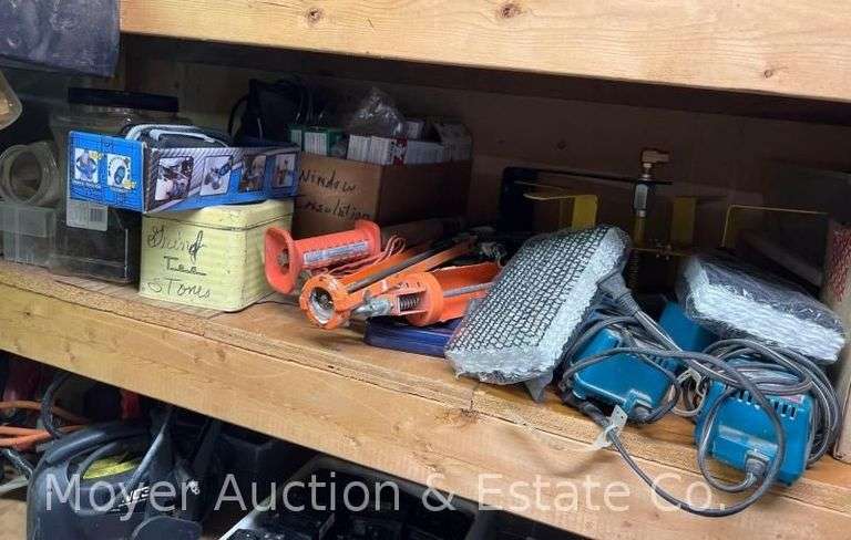 Group of Asst. Tools, Caulk Guns, Air Hose Reel, Window Insulation, Lights, Makita Chargers, Etc. image