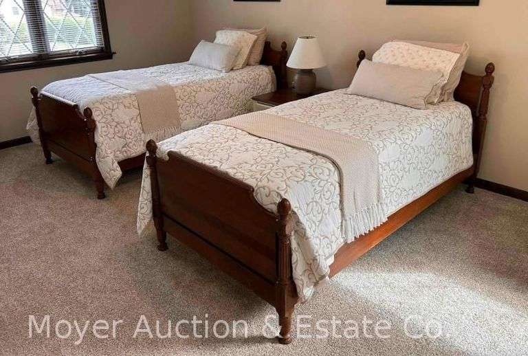 Pair of Matching Twin Beds, Wood Frames, with Mattresses and Boxsprings image