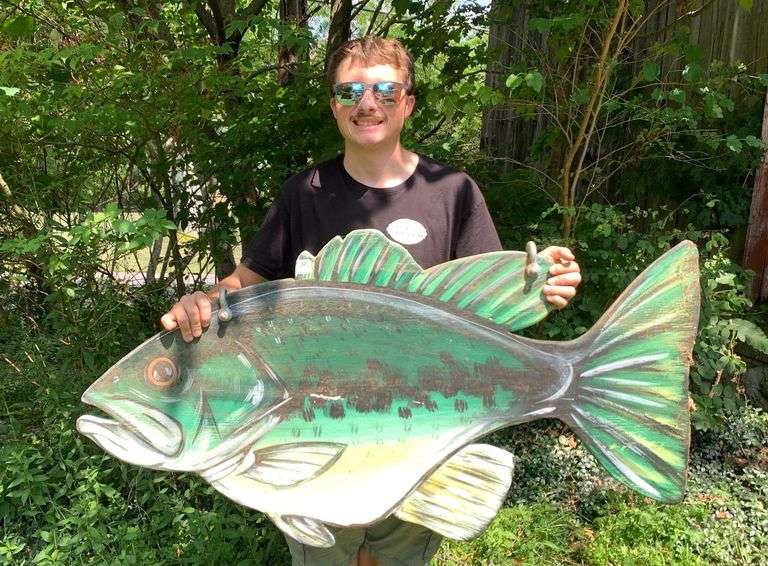 Hand-painted Wood 'Fish' Sign, double-sided, 46”w image