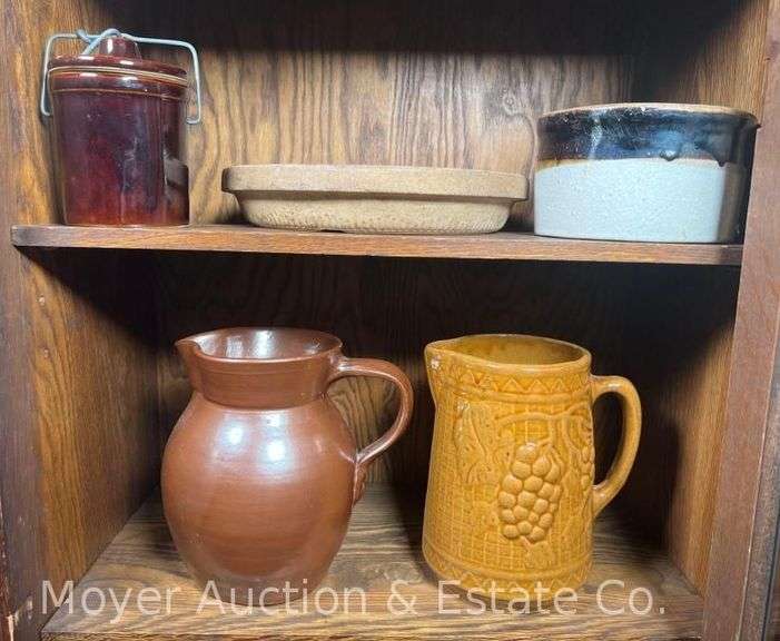 Group of Stoneware, Pitchers, Small Crock, Plate, Etc. image