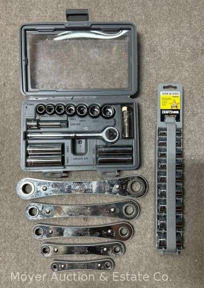Group of Sockets, Socket Wrench, and Ratcheting Box End Wrenches image