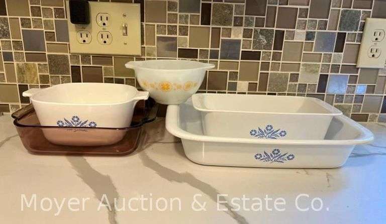 Pyrex Mixing Bowl and Baking Dish with 3 Corningware Blue Cornflower Baking Dishes image