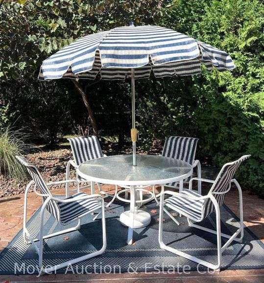 (6) Piece Patio Dining Set: Table, 4 Chairs, and Umbrella with Stand, Metal Frames, with Covers, 54" Round Table image