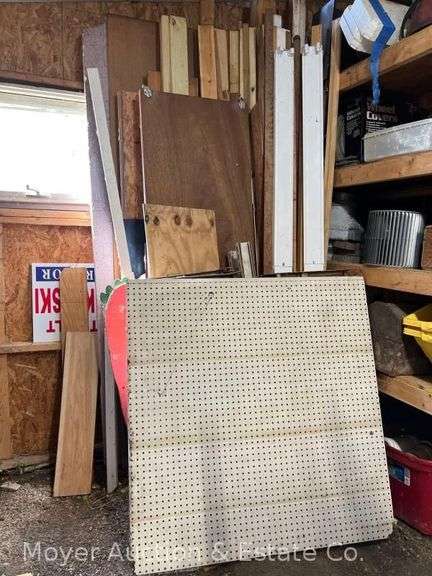 Group of Sheet Material, Boards, Metal Display Shelf with Pegboard Shelf, Etc. image