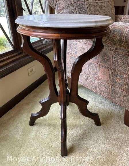 Marble-top Walnut Side Table, Oval, Antique, 21"x16"x28"h image