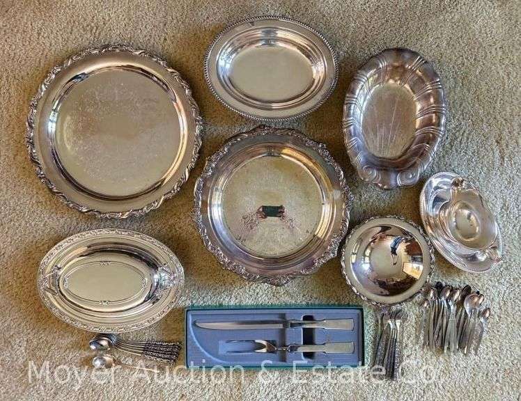 Group of Silver-plated Serving Pieces, Footed Bowls, Dishes, Gravy Boat, Towle Carving Set, with Stainless and Plate Flatware image