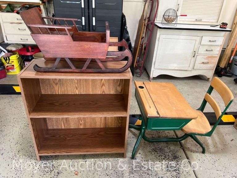Child's Desk, Wood Sleigh, and Small Shelf image