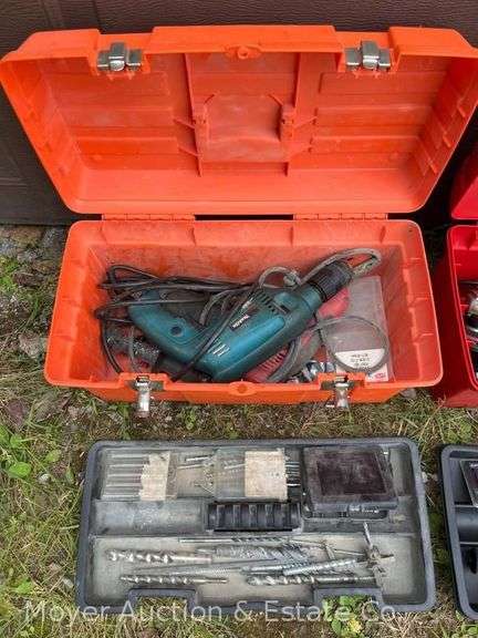 Milwaukee and Makita Hammer Drills with Plastic Toolbox, Drill Bits and Accessories image