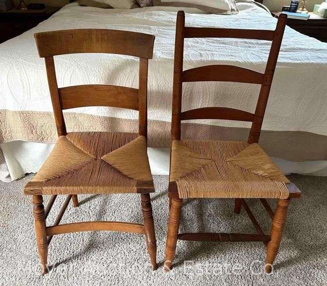 Pair of Wood Rush Seat Chairs, Non-Matching image