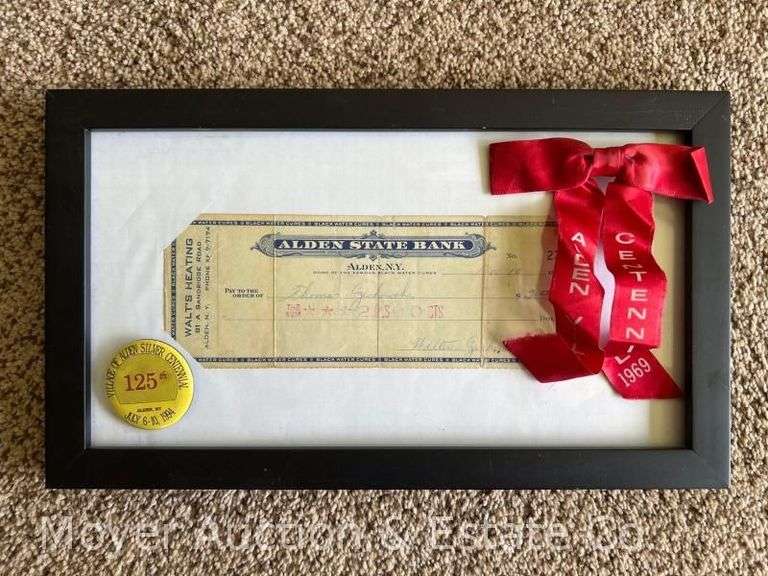 1960 Alden State Bank Framed Check, Village of Alden Centennial Ribbon and Silver Pin Back Button image