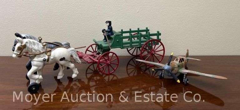 Cast Iron Horse Drawn Wagon, Unmarked, with Hubbley Plane, 7.5"-14.5"w image