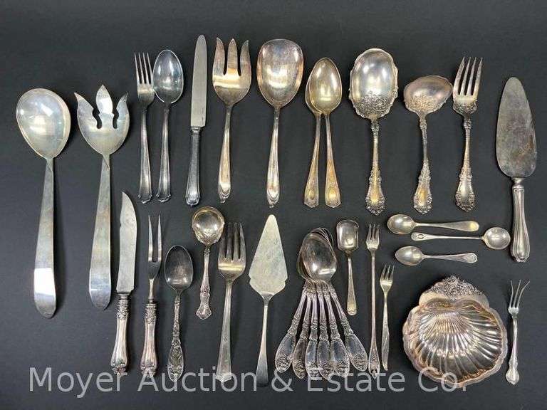 Group of Asst. Silver-plate Flatware with Small Sterling Fork and Sterling Handled Cake Knife image