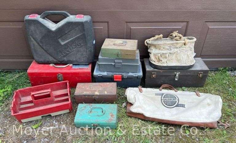 Group of Empty Tool Boxes, Storage Boxes, Salisbury Canvas Tool Bag, Etc. image