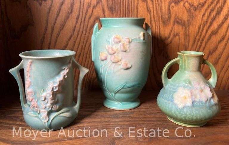 (3) Roseville Pottery Vases: Ixia, Foxglove, and Cosmos, 4.5"-6.5"h image