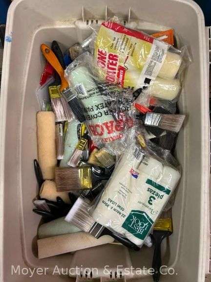 Large Tote of Painting Supplies, Brushes, Rollers, Etc. image