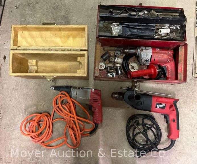 (2) Milwaukee Drills with Drywall Screw Gun, Metal Case, and Contents image