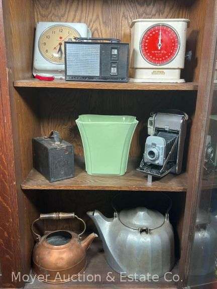 Group of Country Decorative, Vintage Alpha Scale, GE Kitchen Clock, Tea Pots, Cameras, Etc. image
