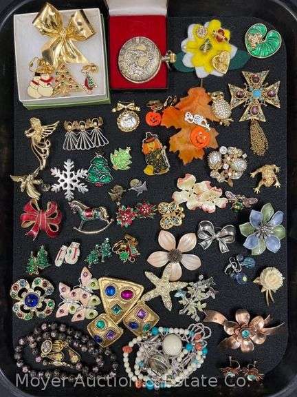 Group of Costume Jewelry Incl. Holiday Pins, Flowers, Pocket Watch, Etc. image