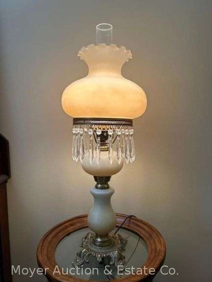 Banquet Lamp with Frosted Cream Shade, Glass Prisms and Chimney, Contemporary, 24”h image