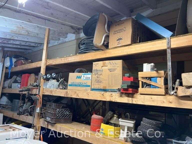 Contents of Garage Shelves, Hardware, Empty Tool Boxes, Garden Cart Tires, Hitches, Jack Stands, Etc. image