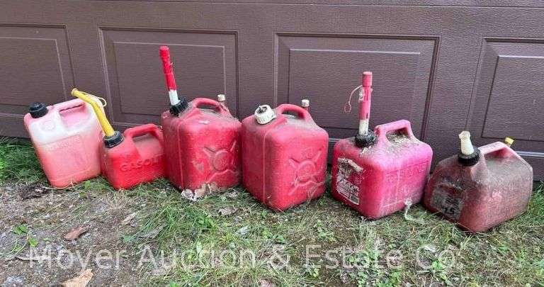 (6) Small Plastic Gas Cans, Some with Fuel, 1-2 1/2 Gallons image