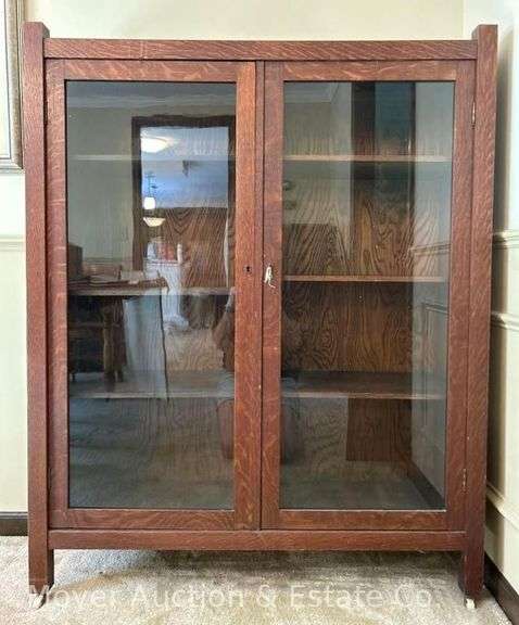 Mission-Style Oak Bookcase, Double Glass Doors, Antique, Unmarked, 42"w x 54"h x 12"d image