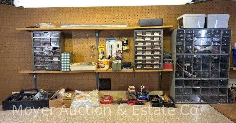 Contents of Workshop Wall Hardware, Pliers, Saw Blades, Allen Wrenches, Tape, Etc. image
