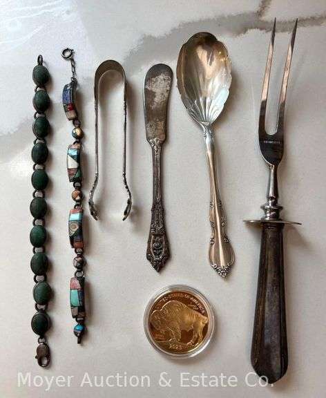 Group of Sterling Silver Utensils and Bracelets with Gold Plated Coin image