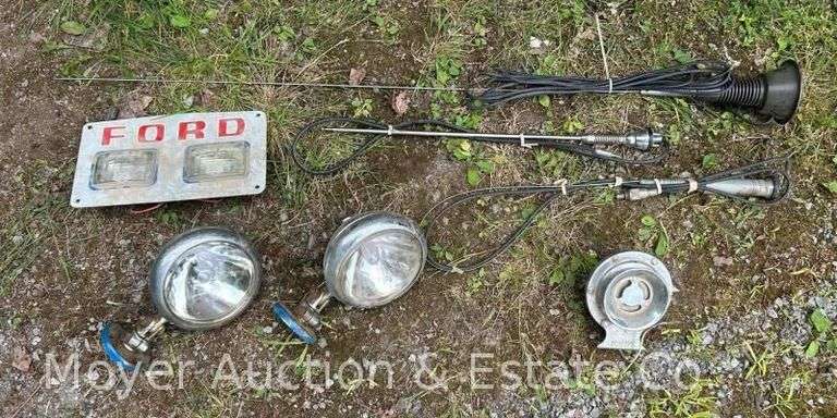 Group of Vintage CB Antennas, Spot Lights, Spartan Siren, Ford Light Rider, Etc. image
