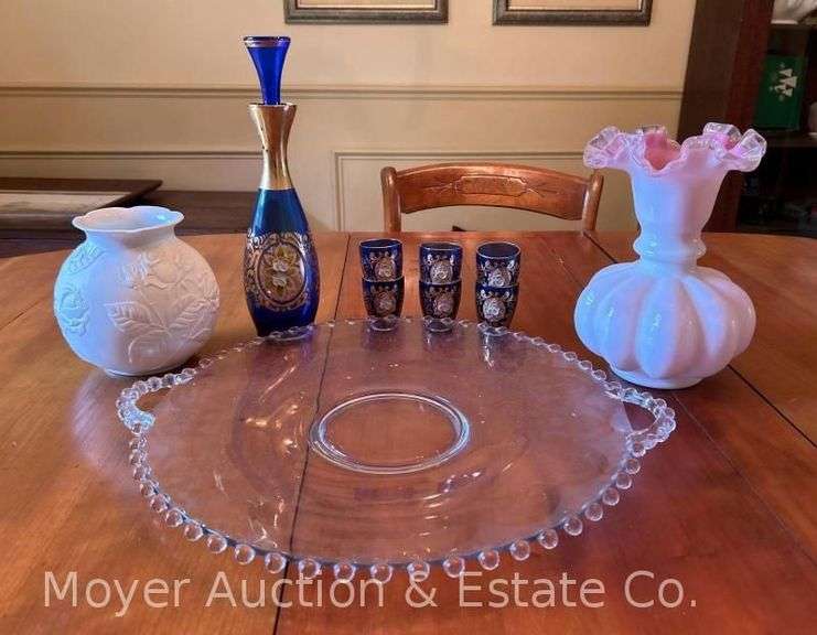 Candlewick Glass Serving Plate, 7pc. Cobalt Drink Set, Kaiser Porc. Vase, Fenton Silvercrest Vase image