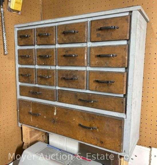 Wood Cabinet with Contents, Hardware, Screws, Drill Bits, Nuts, Bolts, Etc. image