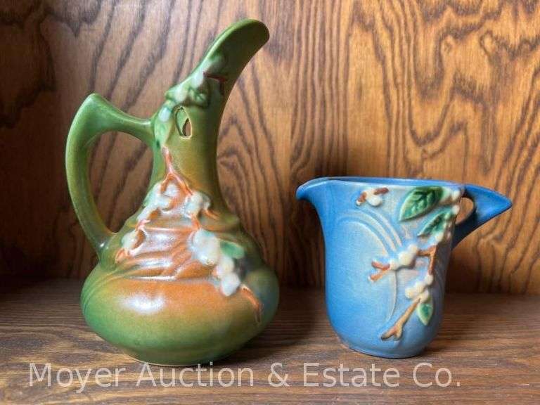 Roseville Pottery "Snowberry" Pitcher and Creamer, 3.5"-6.5"h image