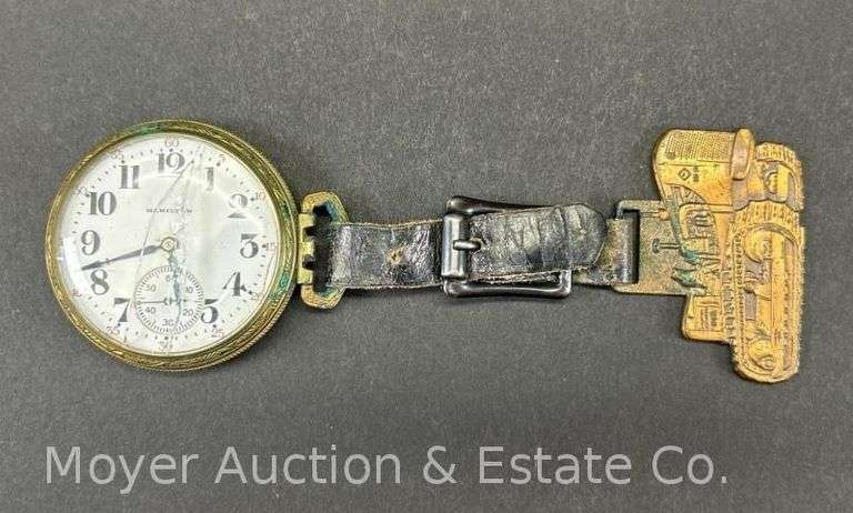 Hamilton 17 Jewel Pocket Watch, Cracked Dial, with Allis Chalmers Bull Dozer Watch Fob image