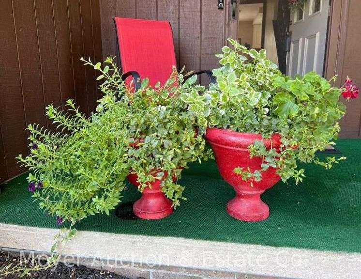 Pair of Poly Planters with Plants, Painted Red, 15”h image