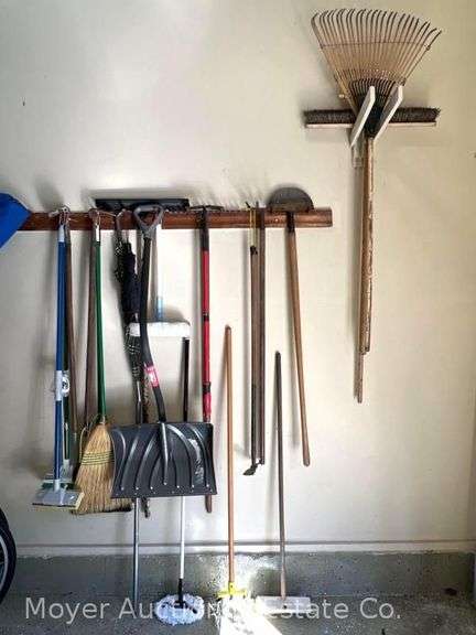 Group of Rakes, Hoes, Tiller, Brooms, Etc. image
