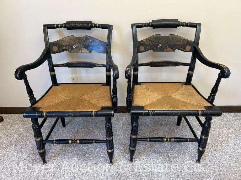 Pair of Ethan Allen Hitchcock Arm Chairs, Stencil Decorated Eagle, Rush Seats, Both Good Condition image