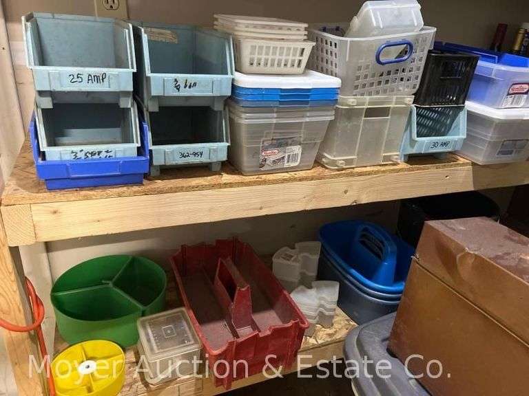 Group of Storage Totes, Hardware Bins, 5 Gallon Buckets, Etc. image