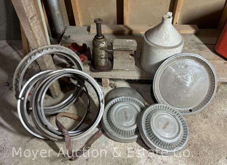 Bench Vise, Bottle Jack, Railroad Track Piece, and Asst. Hubcaps image