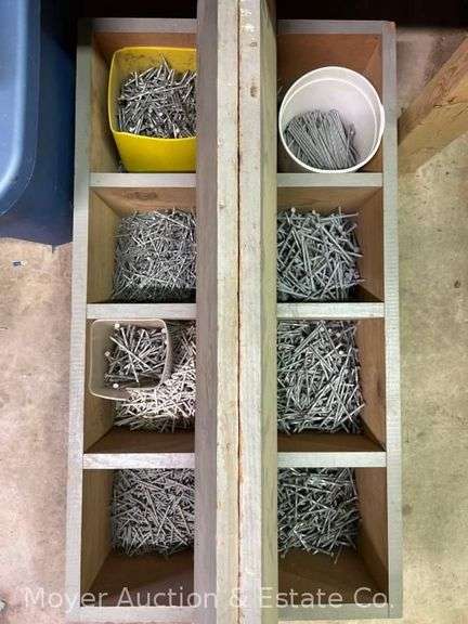 Large Group of Asst. Nails in Wood Nail Chest image