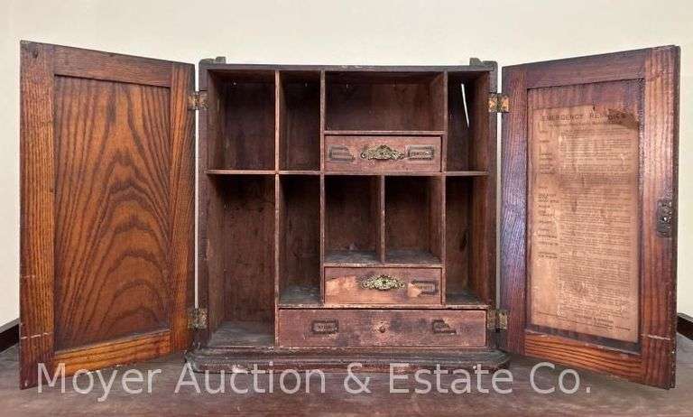 Small Antique Oak Medicine Cabinet, with Original Interior Paper Tags, 18"w image