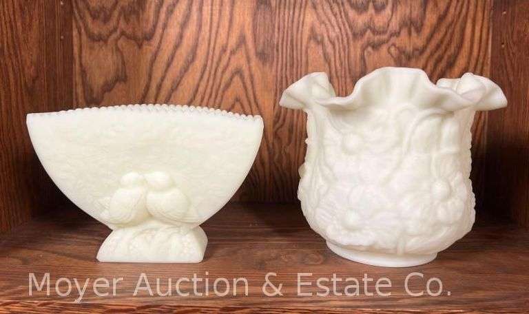 2 Fenton Custard Glass Pieces: Lovebirds Bowl and Poppy Bowl with Ruffled Edge, 4.5" and 5.5"h image
