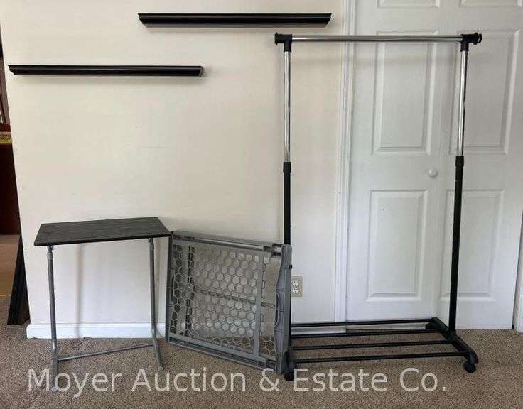 Adjustable Rolling Garment Rack, Dog Gate, and Colapsible Computer Desk image