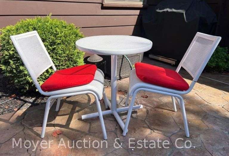 Metal Bistro Set, Table with 2 Chairs, Red Cushions, 24" Round image