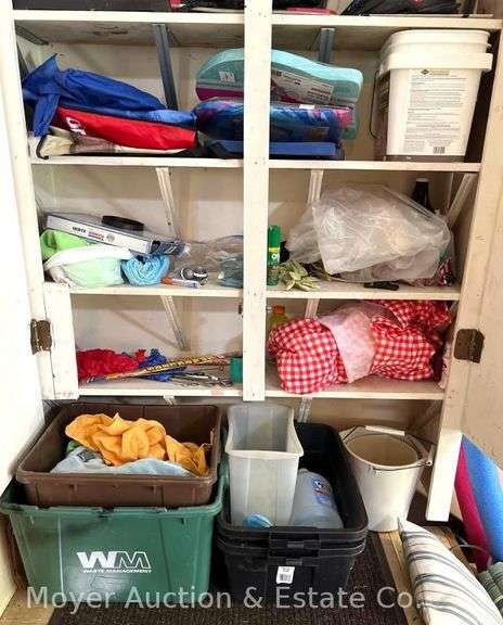 Wood Shoe Shelf, Patio Cushions, Contents of Garage Cabinet, Etc. image