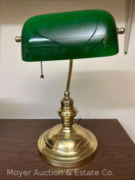 Brass Desk Lamp with Green Glass Shade, 15"h image