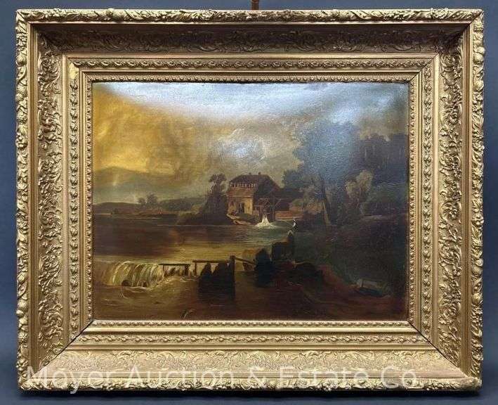 Painting on Board Depicting Lakeside Town, Unsigned, Antique, Nice Original Gold Frame image