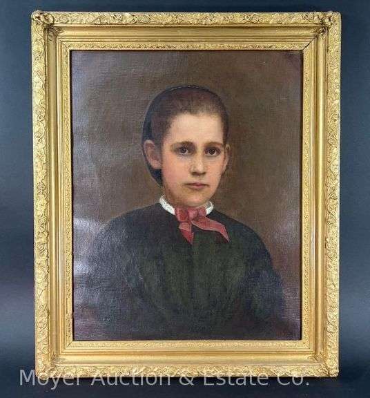 Antique Portrait Painting on Canvas of Young Boy, Unsigned, Nice Original Gold Frame, 24.5"x20.5" image