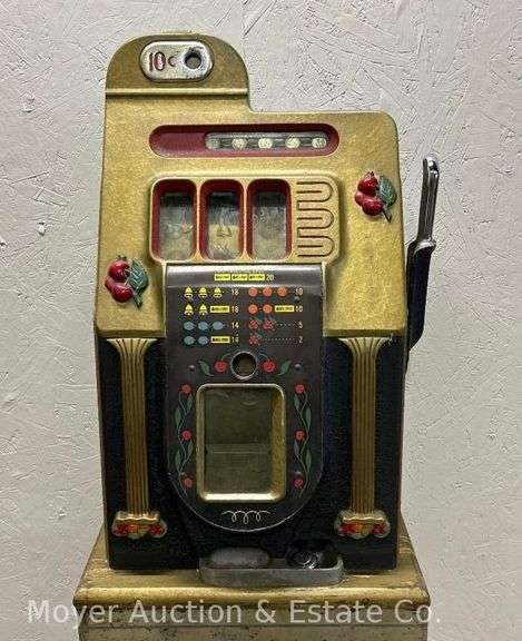 Mills "Golden Falls" 10 Cent Slot Machine on Metal Stand, Antique, Working, Extra Back & Key image